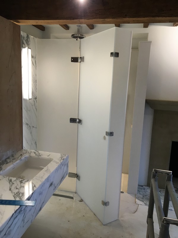 Bespoke frosted glass shower enclosure in Palmers Green luxury bathroom